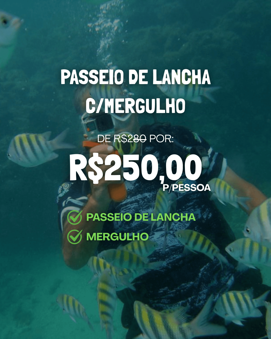 Passeio de Lancha nas Piscinas Naturais com mergulho para ver os peixinhos.